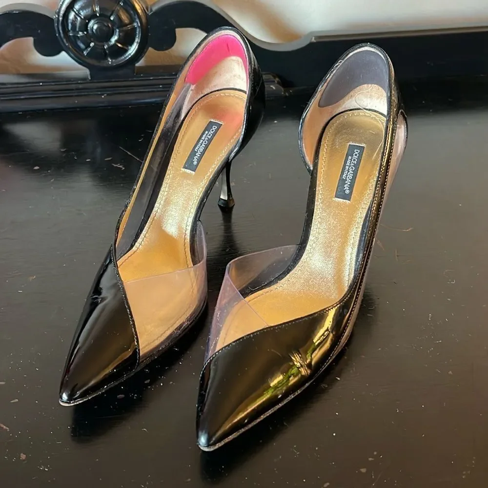 90s Dolce & Gabbana Black Patent Leather & Clear Cutout Heels